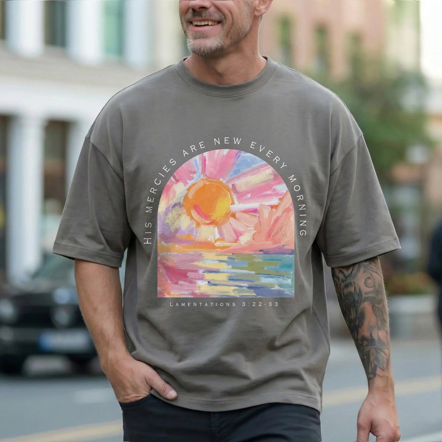 [COMFORT T-SHIRT] His Mercies Are New Every Morning Pastel Sunrise Christian Design - Faith Floral - Faith Guided Life