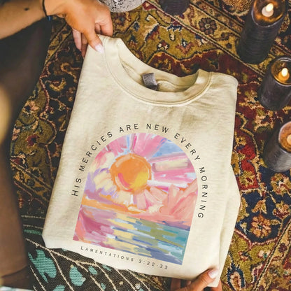 [COMFORT T-SHIRT] His Mercies Are New Every Morning Pastel Sunrise Christian Design - Faith Floral - Faith Guided Life