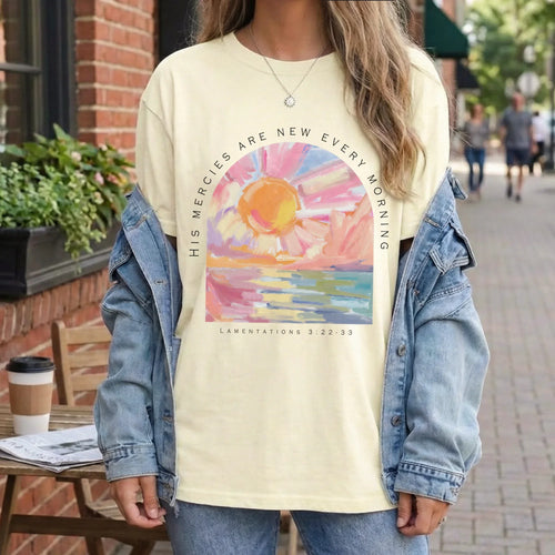 [COMFORT T-SHIRT] His Mercies Are New Every Morning Pastel Sunrise Christian Design - Faith Floral - Faith Guided Life