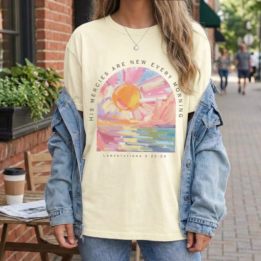 [COMFORT T-SHIRT] His Mercies Are New Every Morning Pastel Sunrise Christian Design - Faith Floral - Faith Guided Life