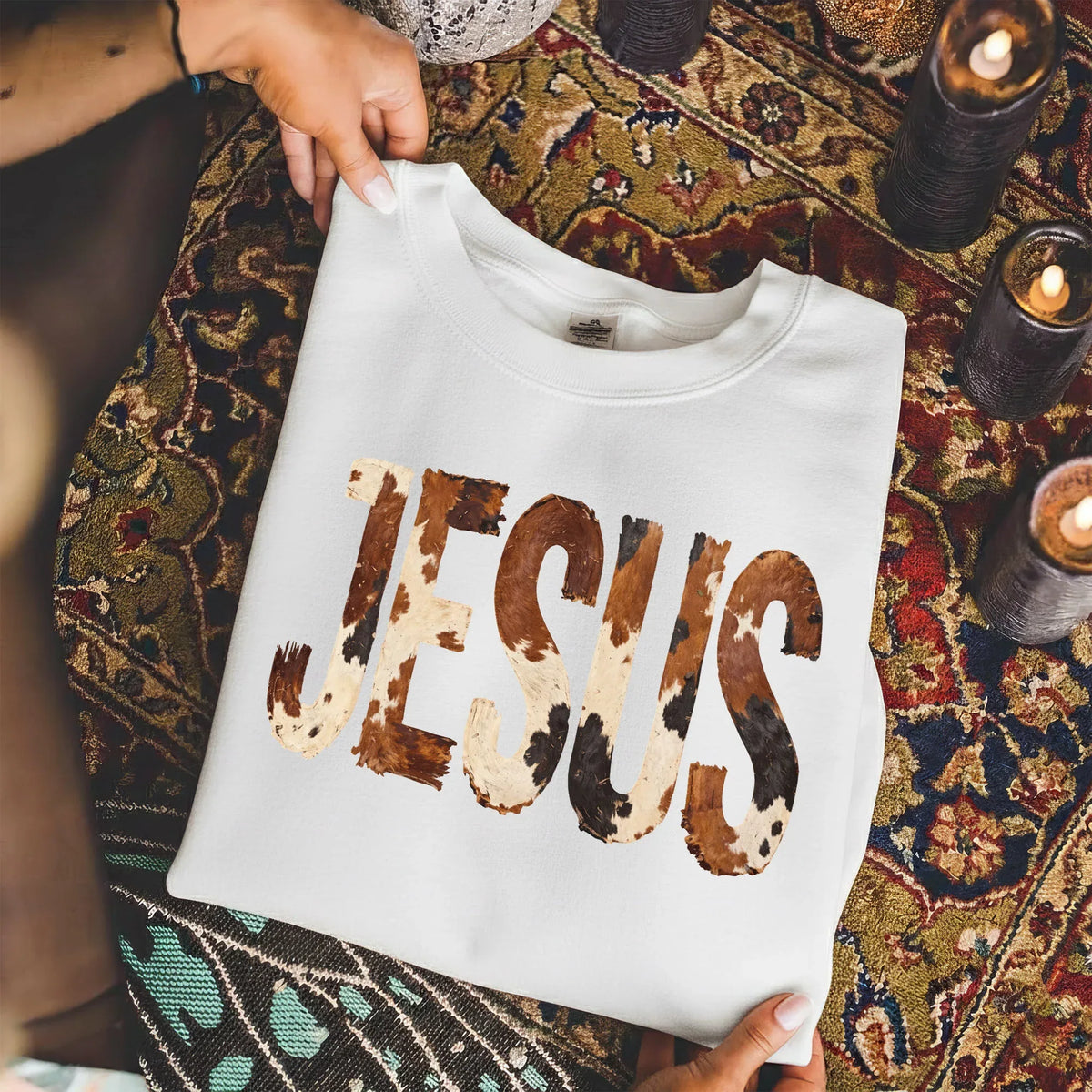 Rustic Faith: The Cow Print Jesus – Christian Patterns – Unisex Tshirt / Hoodie / Sweatshirt - Faith Guided Life