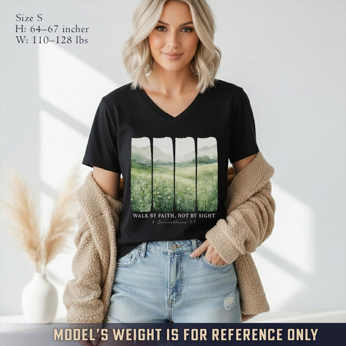 Serene Nature: Walk By Faith - V-Neck Christian Shirt