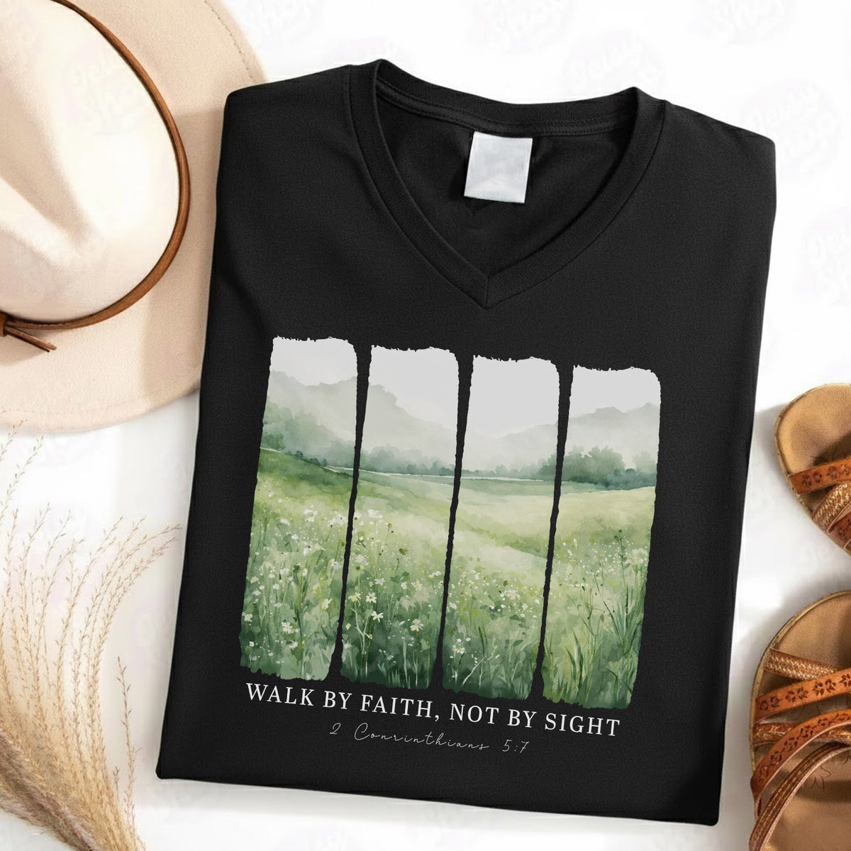 Serene Nature: Walk By Faith - V-Neck Christian Shirt