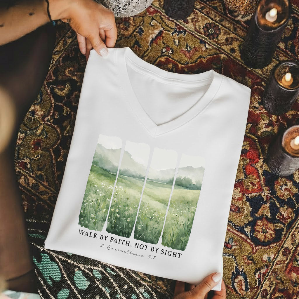 Serene Nature: Walk By Faith - V-Neck Christian Shirt