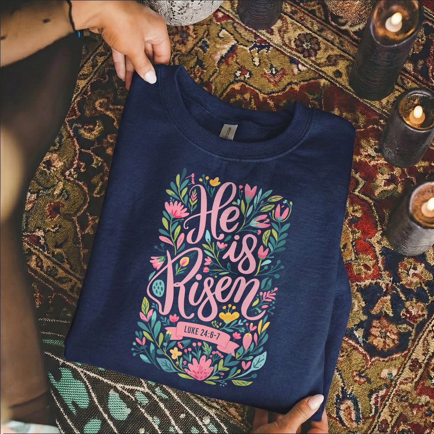 He Is Risen Luke 24:6-7 Floral Script – He is Risen – Unisex Tshirt / Hoodie / Sweatshirt