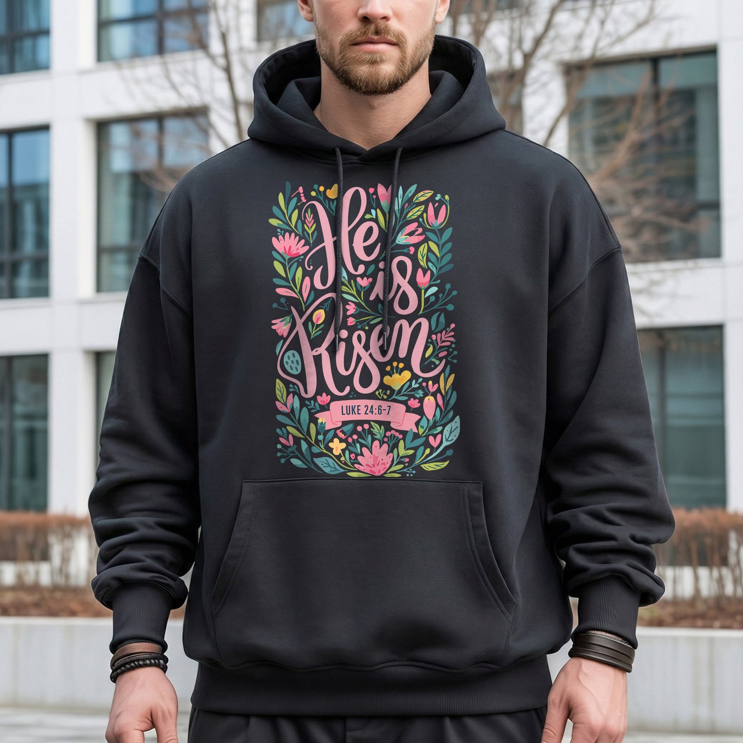 He Is Risen Luke 24:6-7 Floral Script – He is Risen – Unisex Tshirt / Hoodie / Sweatshirt