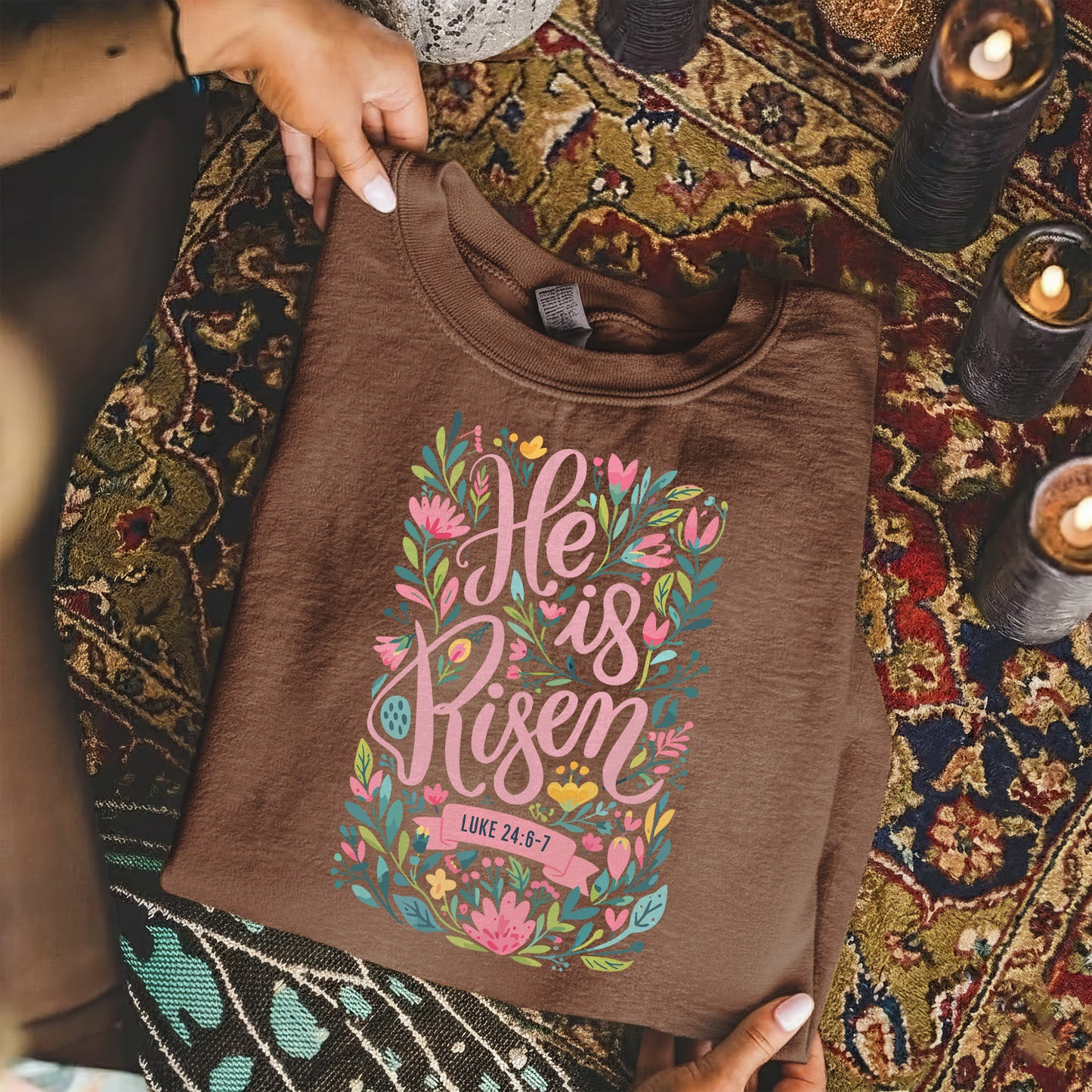 He Is Risen Luke 24:6-7 Floral Script – He is Risen – Unisex Tshirt / Hoodie / Sweatshirt