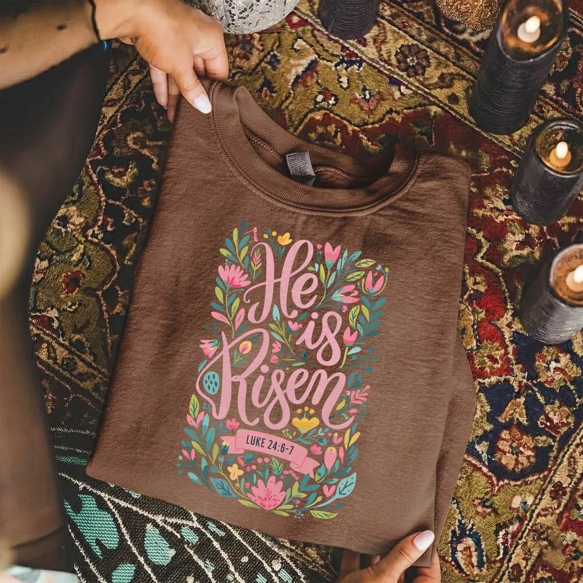 He Is Risen Luke 24:6-7 Floral Script – He is Risen – Unisex Tshirt / Hoodie / Sweatshirt - Faith Guided Life