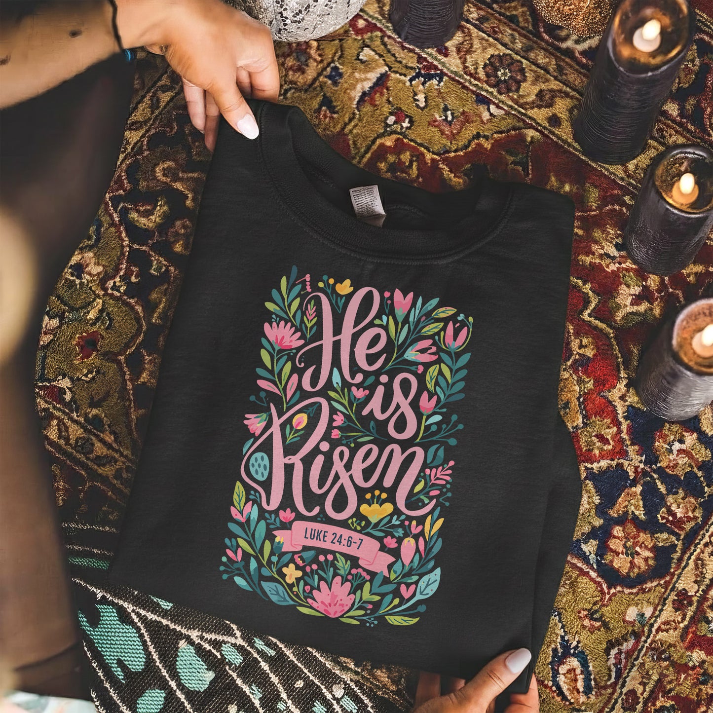 He Is Risen Luke 24:6-7 Floral Script – He is Risen – Unisex Tshirt / Hoodie / Sweatshirt