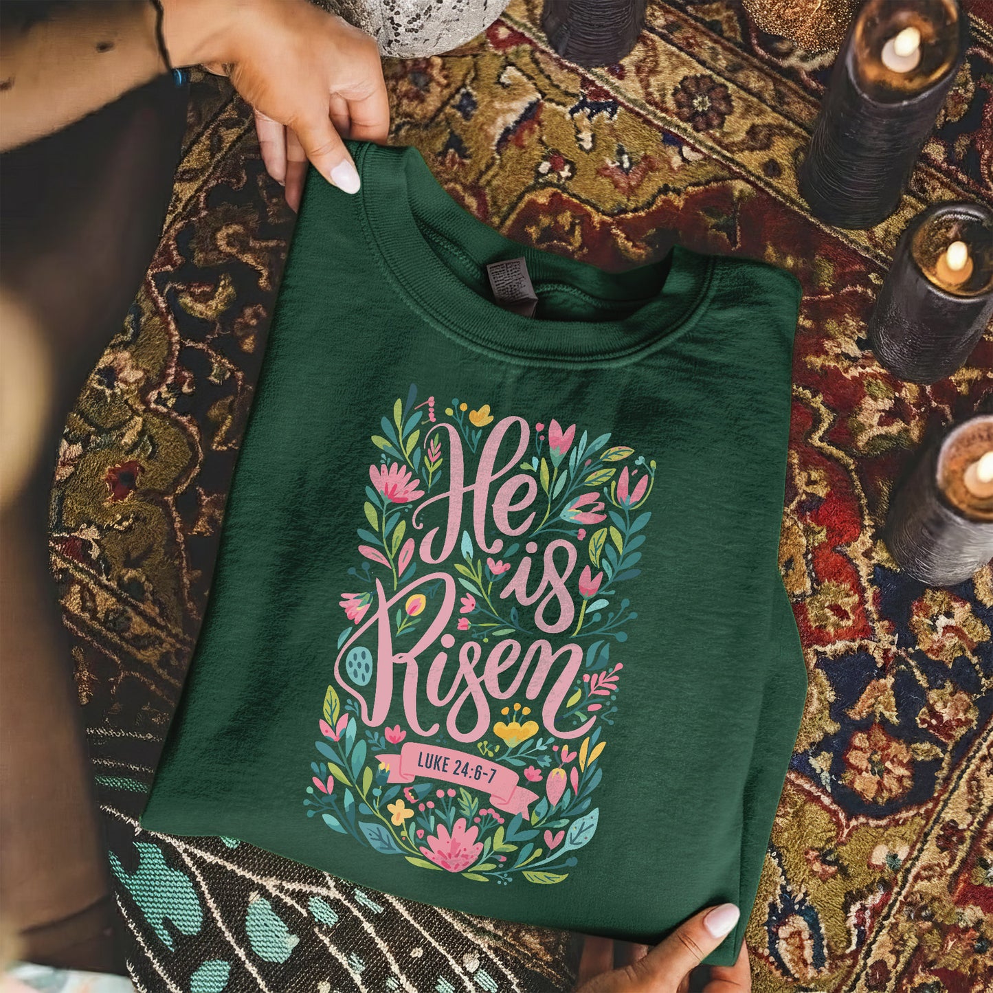 He Is Risen Luke 24:6-7 Floral Script – He is Risen – Unisex Tshirt / Hoodie / Sweatshirt