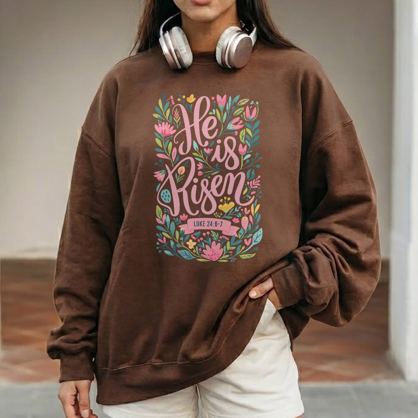 He Is Risen Luke 24:6-7 Floral Script – He is Risen – Unisex Tshirt / Hoodie / Sweatshirt