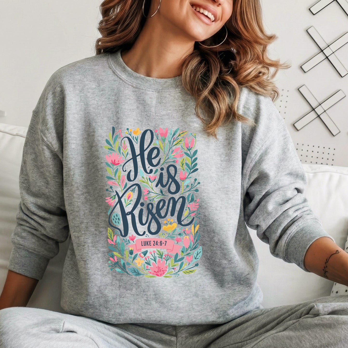 He Is Risen Luke 24:6-7 Floral Script – He is Risen – Unisex Tshirt / Hoodie / Sweatshirt