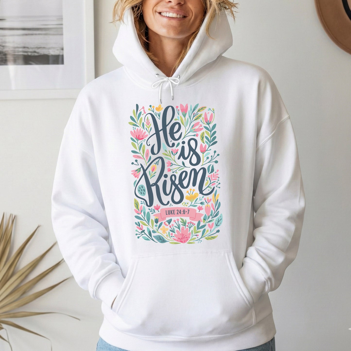 He Is Risen Luke 24:6-7 Floral Script – He is Risen – Unisex Tshirt / Hoodie / Sweatshirt