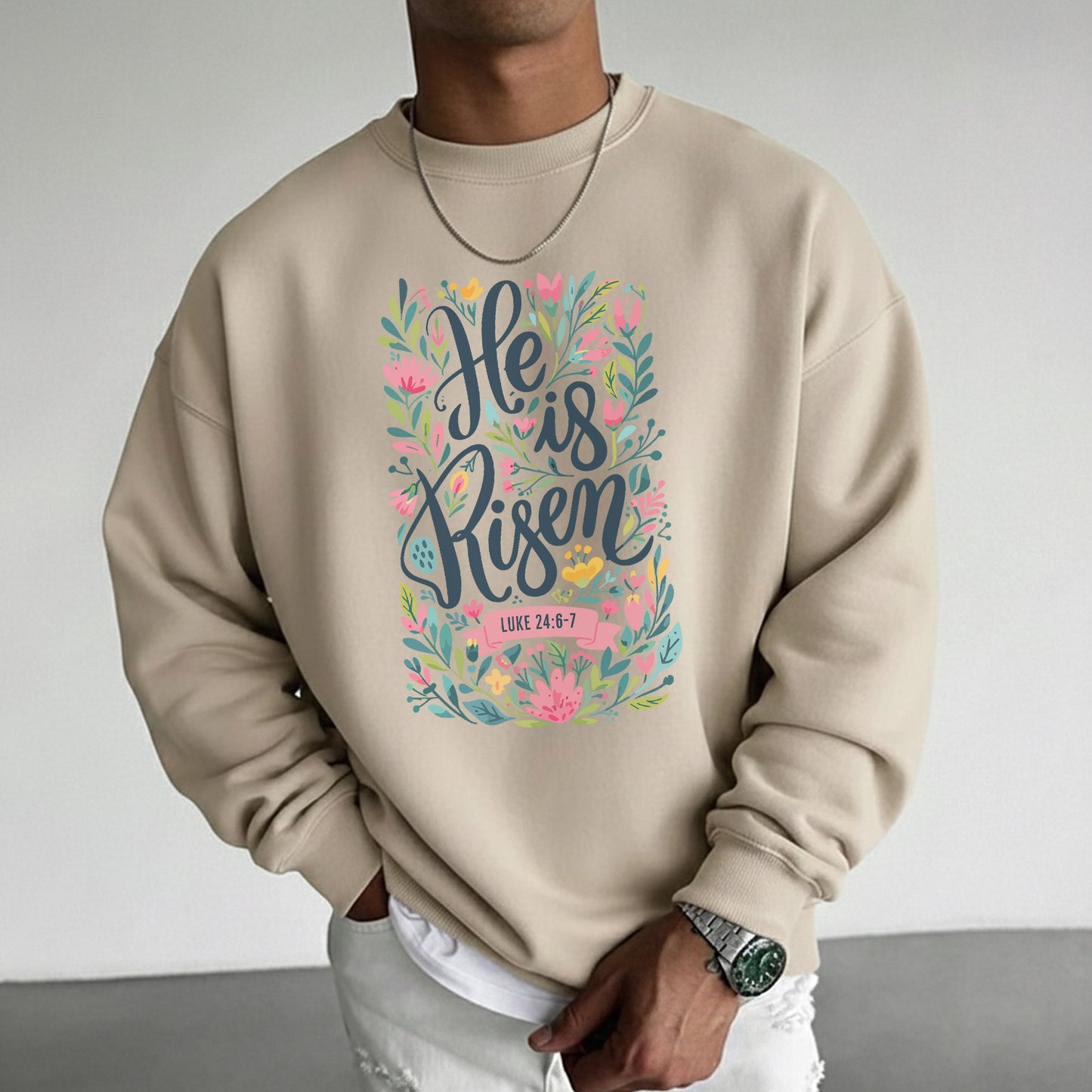 He Is Risen Luke 24:6-7 Floral Script – He is Risen – Unisex Tshirt / Hoodie / Sweatshirt