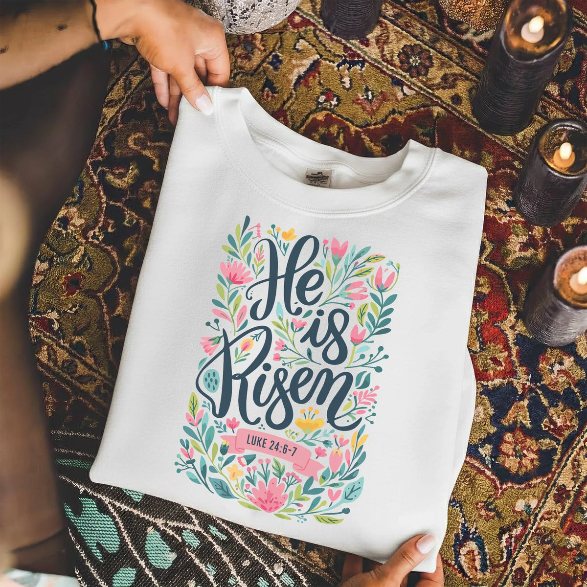 He Is Risen Luke 24:6-7 Floral Script – He is Risen – Unisex Tshirt / Hoodie / Sweatshirt - Faith Guided Life