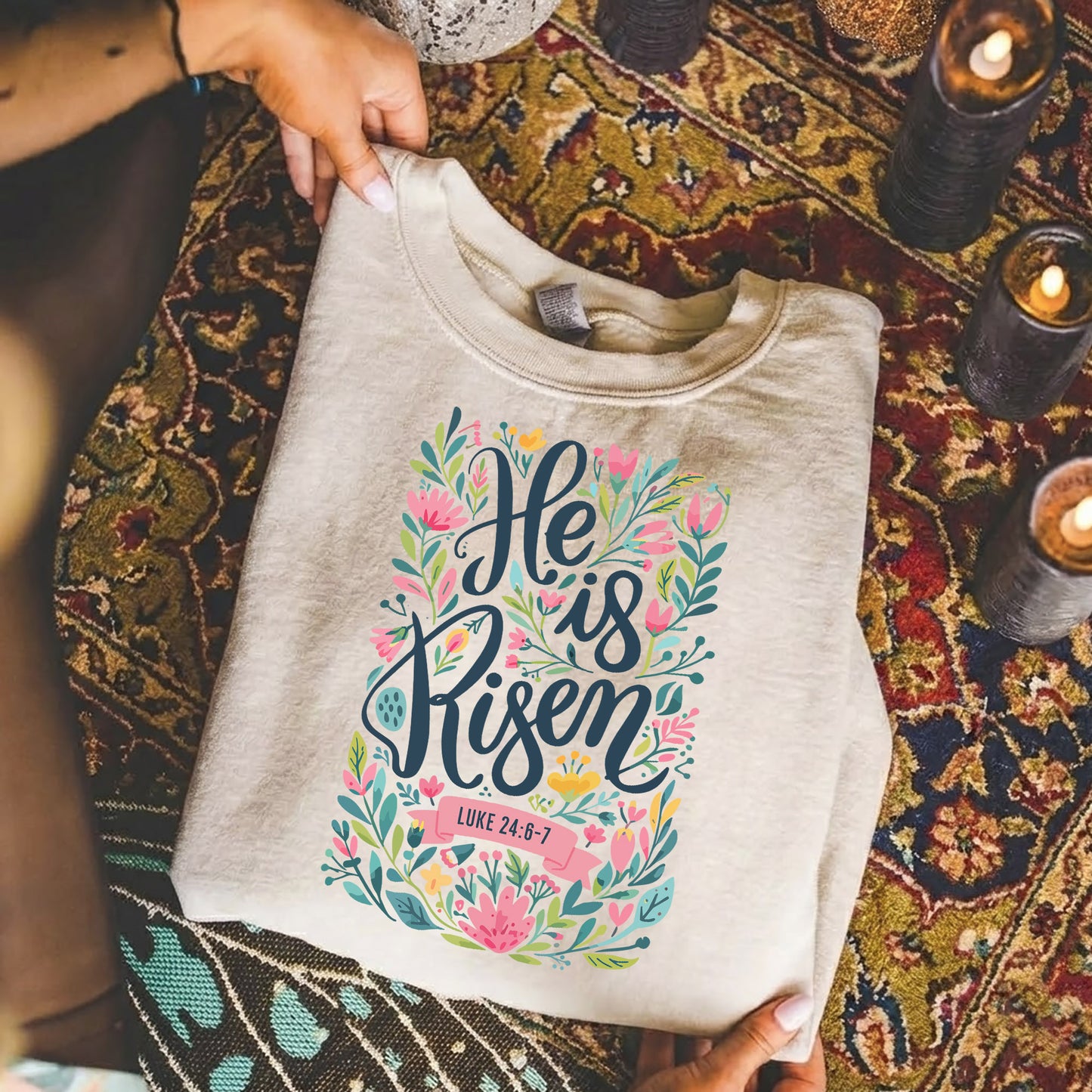 He Is Risen Luke 24:6-7 Floral Script – He is Risen – Unisex Tshirt / Hoodie / Sweatshirt