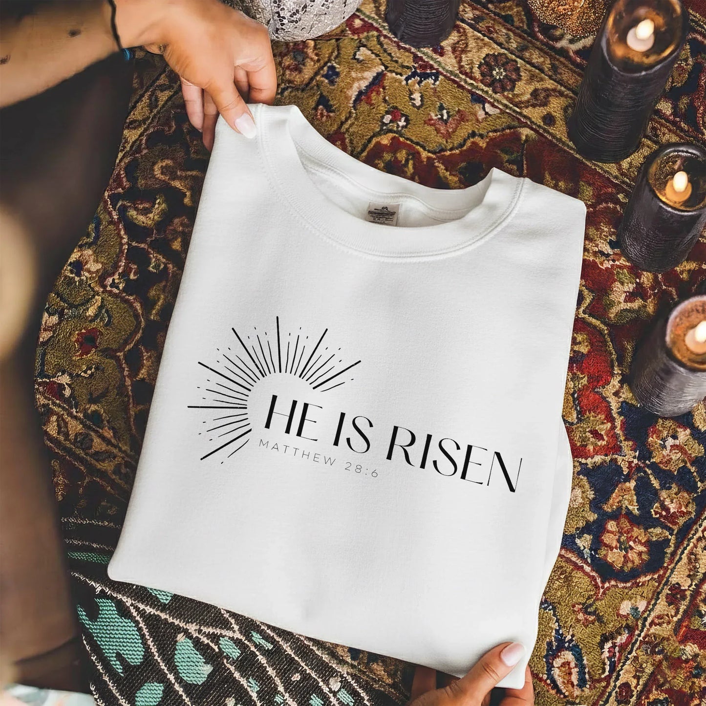 He Is Risen Matthew 28:6 Sunburst – He is Risen – Unisex Tshirt / Hoodie / Sweatshirt - Faith Guided Life