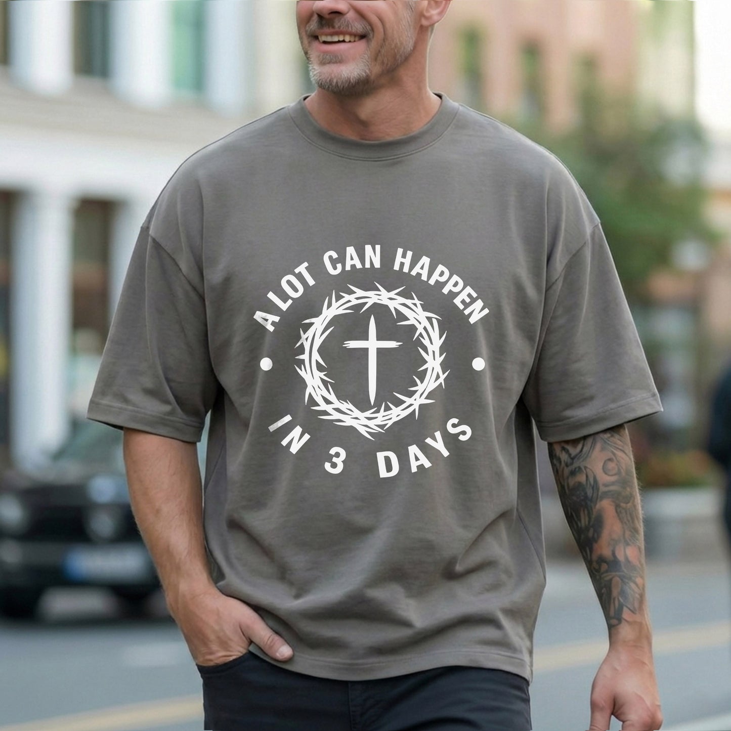 [COMFORT T-SHIRT] A Lot Can Happen In 3 Days Circle Text – He is Risen