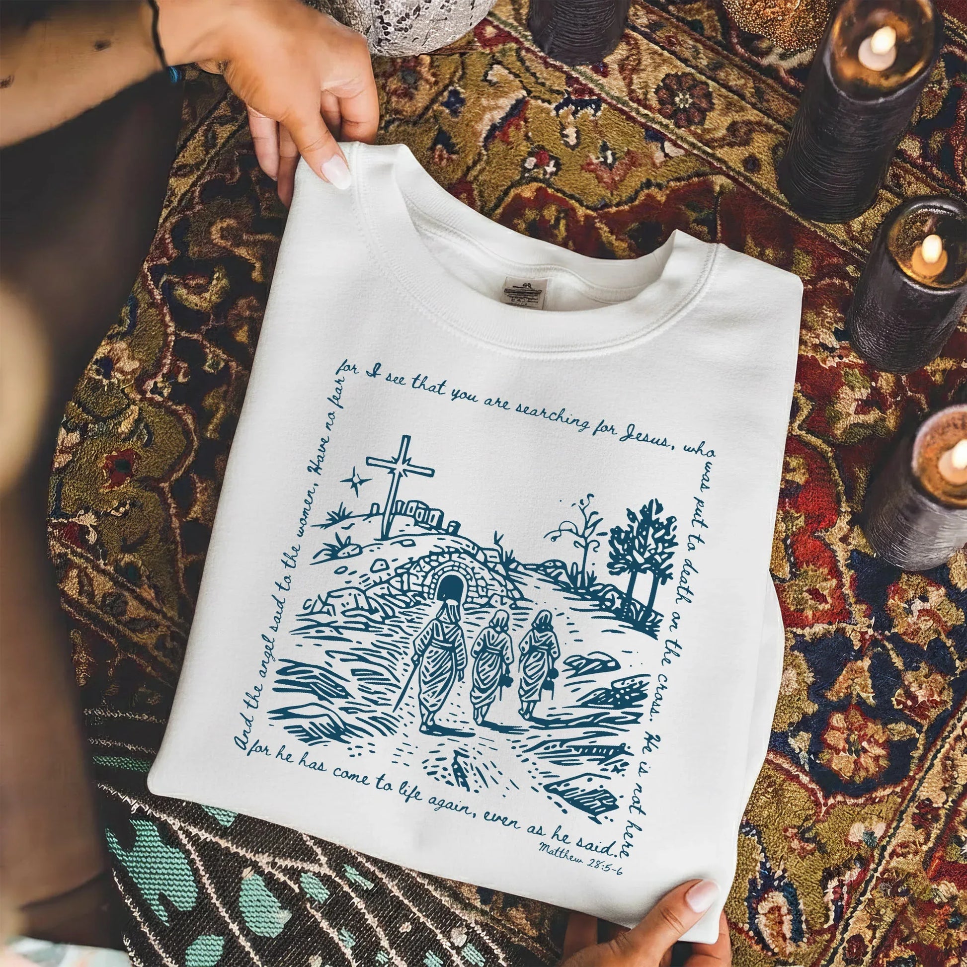 Matthew 28:5-6 Scripture Border – Faith Message– Unisex Tshirt / Hoodie / Sweatshirt - Faith Guided Life