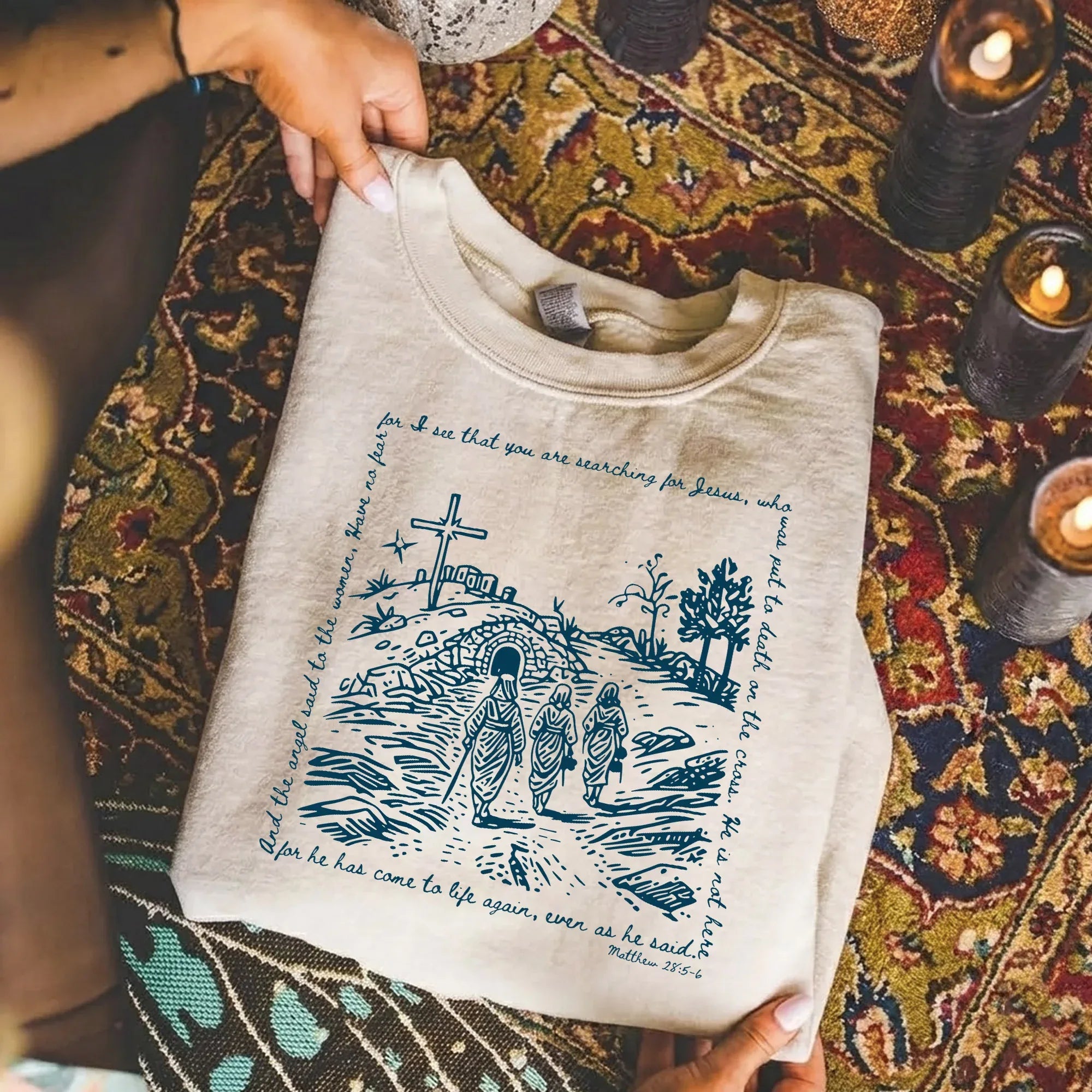 Matthew 28:5-6 Scripture Border – Faith Message– Unisex Tshirt / Hoodie / Sweatshirt - Faith Guided Life