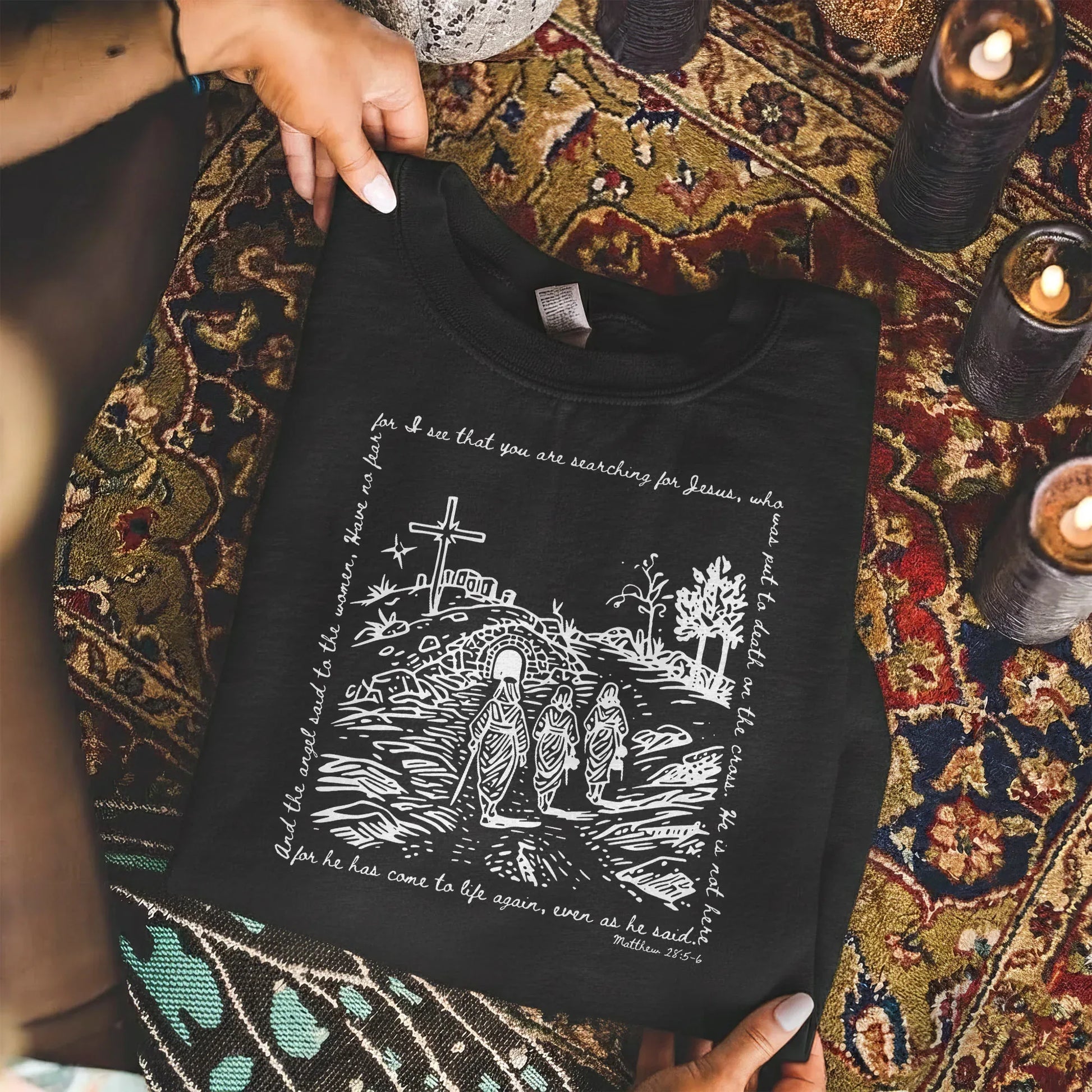 Matthew 28:5-6 Scripture Border – Faith Message– Unisex Tshirt / Hoodie / Sweatshirt - Faith Guided Life