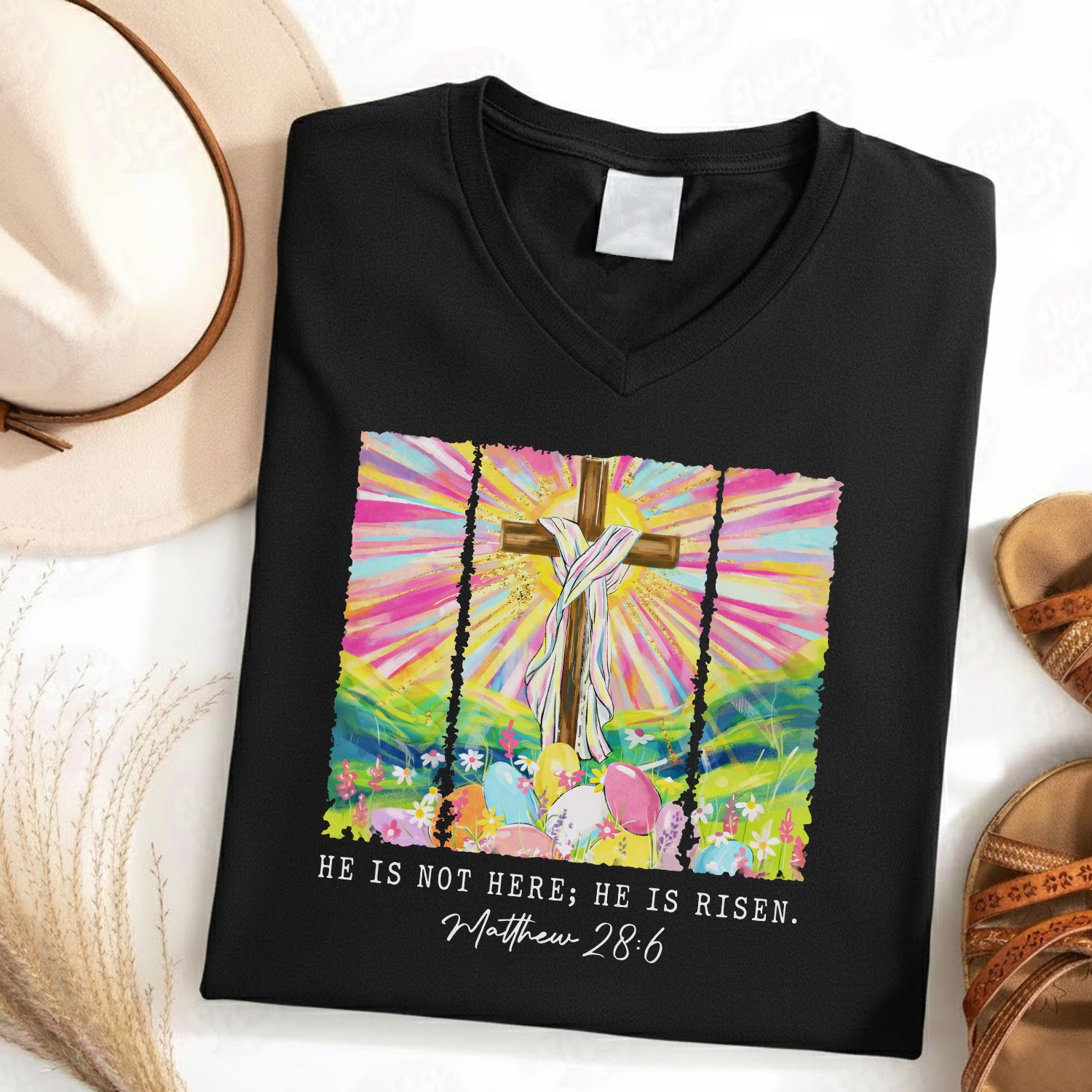 He Is Not Here Matthew 28:6  - V-Neck Christian Shirt