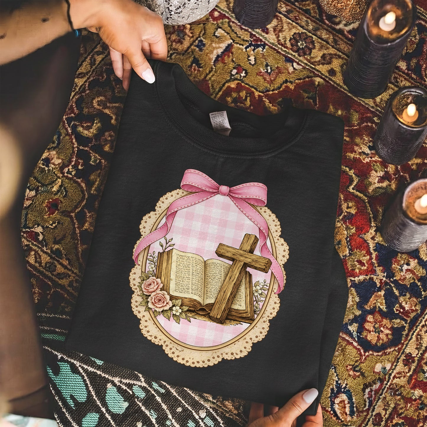 Coquette Pink Bow Bible & Cross – Faith Message– Unisex Tshirt / Hoodie / Sweatshirt