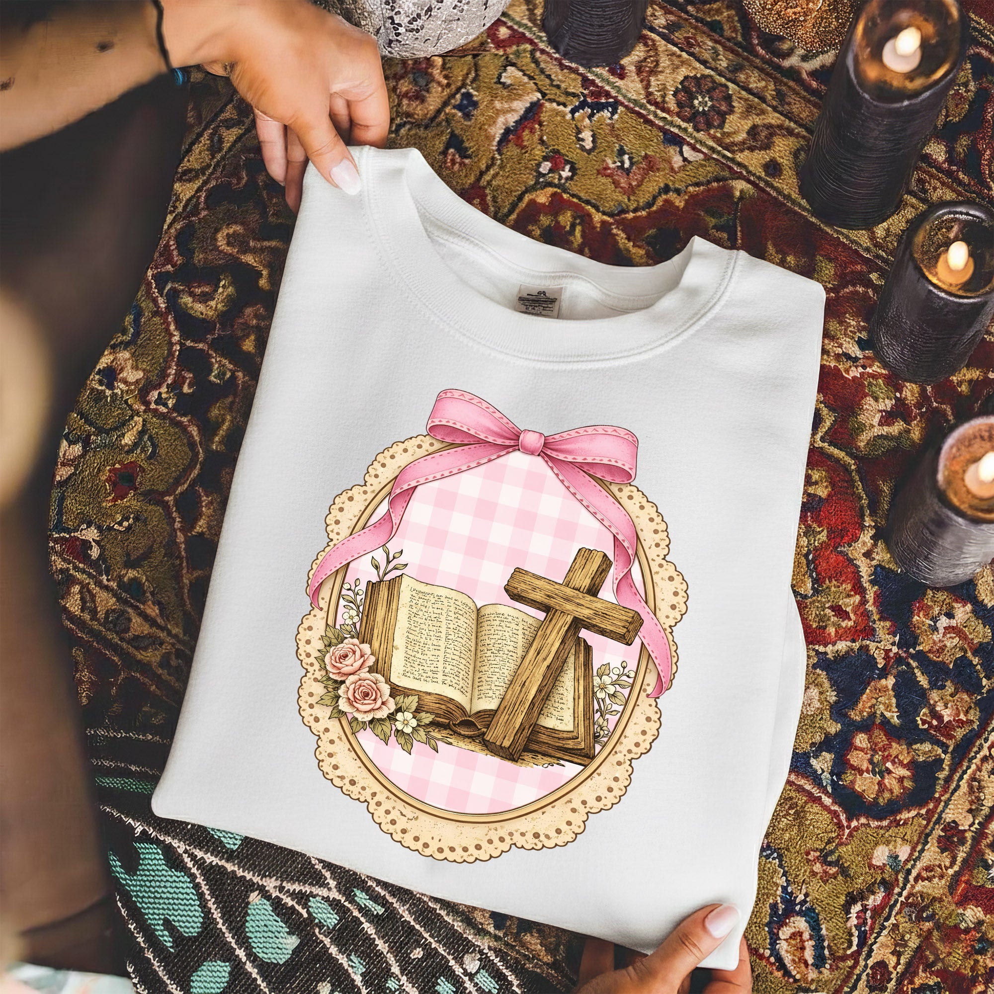 Coquette Pink Bow Bible & Cross – Faith Message– Unisex Tshirt / Hoodie / Sweatshirt