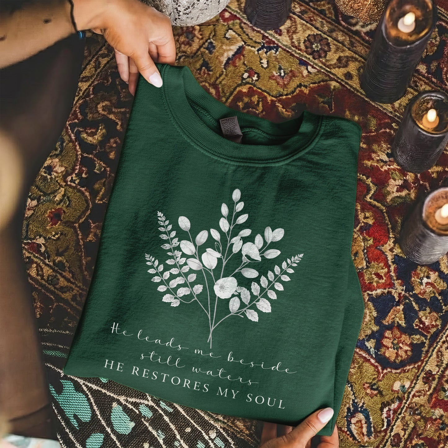 He Leads Me Beside Still Waters Scripture – Faith Floral – Unisex Tshirt / Hoodie / Sweatshirt