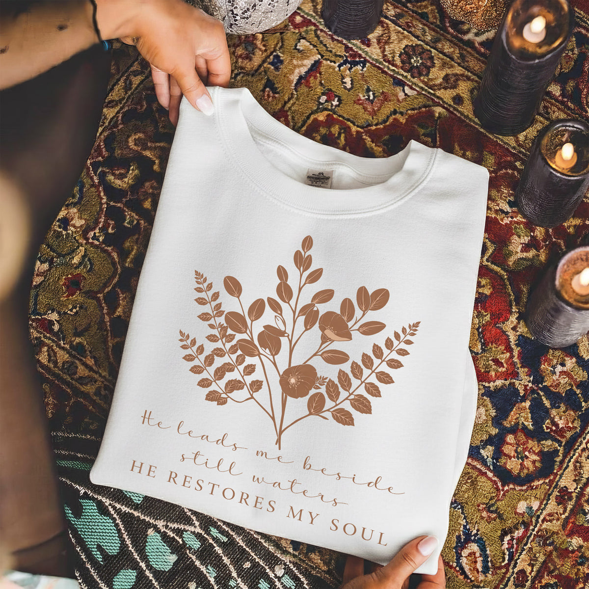 He Leads Me Beside Still Waters Scripture – Faith Floral – Unisex Tshirt / Hoodie / Sweatshirt