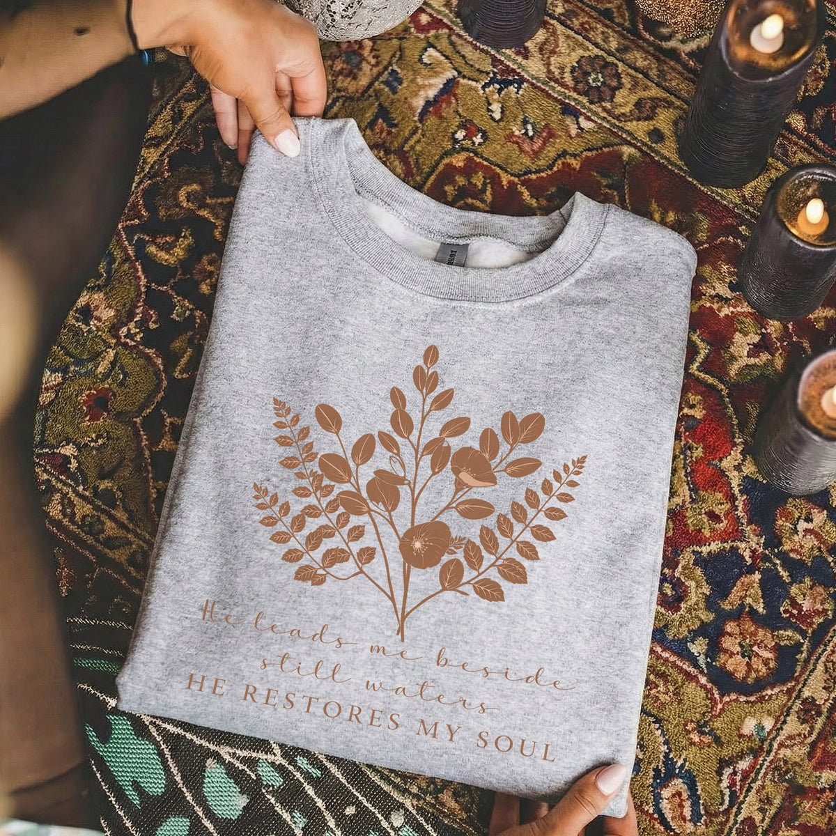 He Leads Me Beside Still Waters Scripture – Faith Floral – Unisex Tshirt / Hoodie / Sweatshirt
