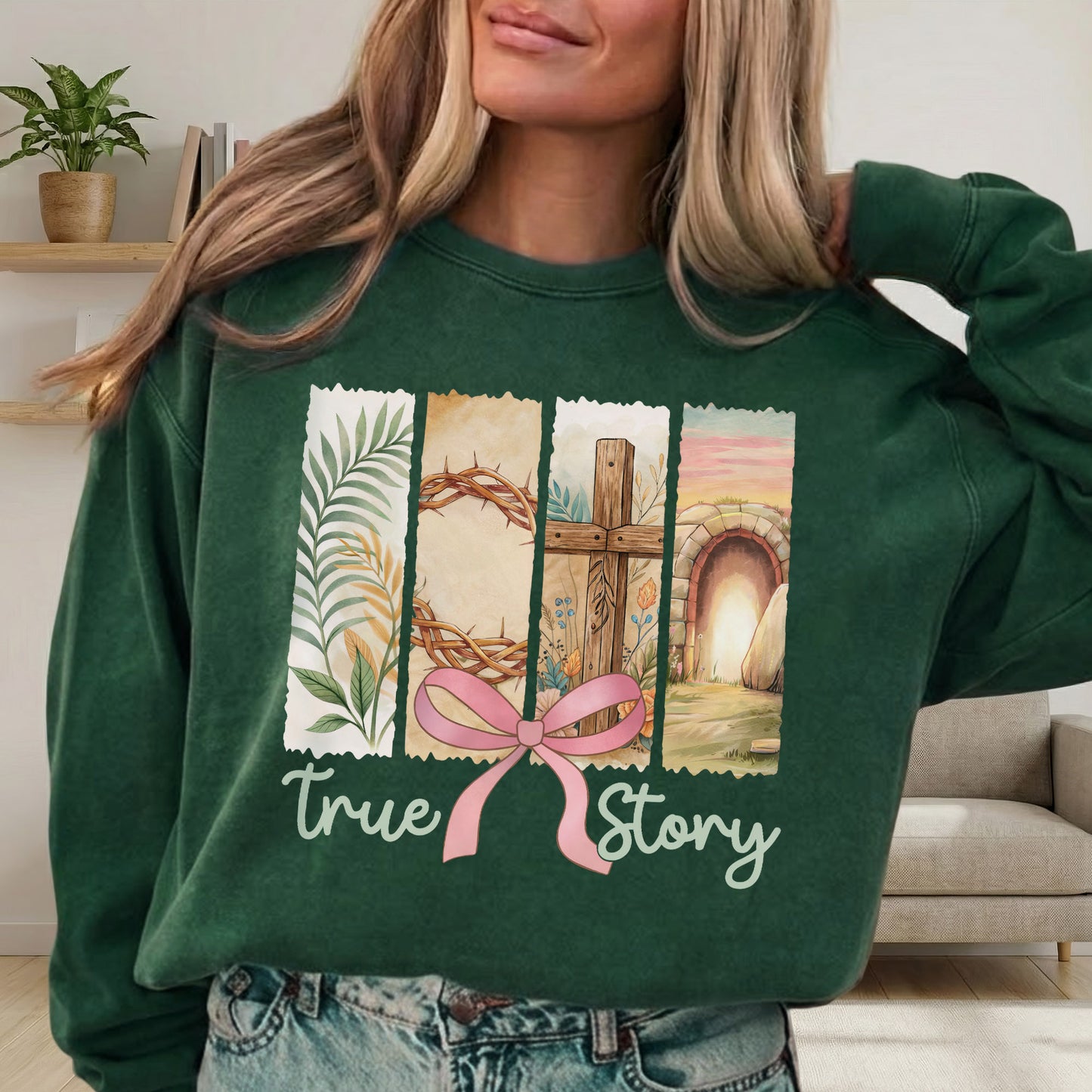 True Story Easter Panels Pink Bow – He is Risen – Unisex Tshirt / Hoodie / Sweatshirt