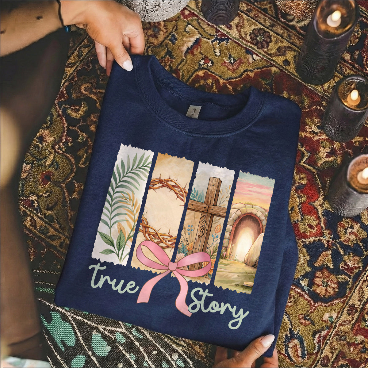 True Story Easter Panels Pink Bow – He is Risen – Unisex Tshirt / Hoodie / Sweatshirt
