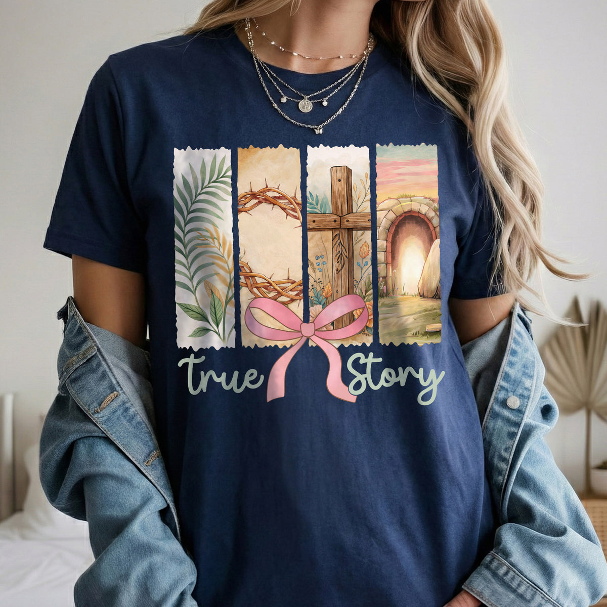 True Story Easter Panels Pink Bow – He is Risen – Unisex Tshirt / Hoodie / Sweatshirt