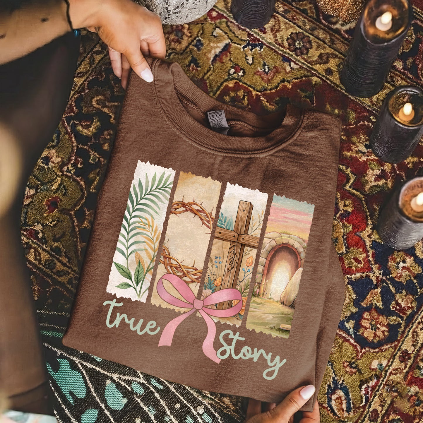 True Story Easter Panels Pink Bow – He is Risen – Unisex Tshirt / Hoodie / Sweatshirt