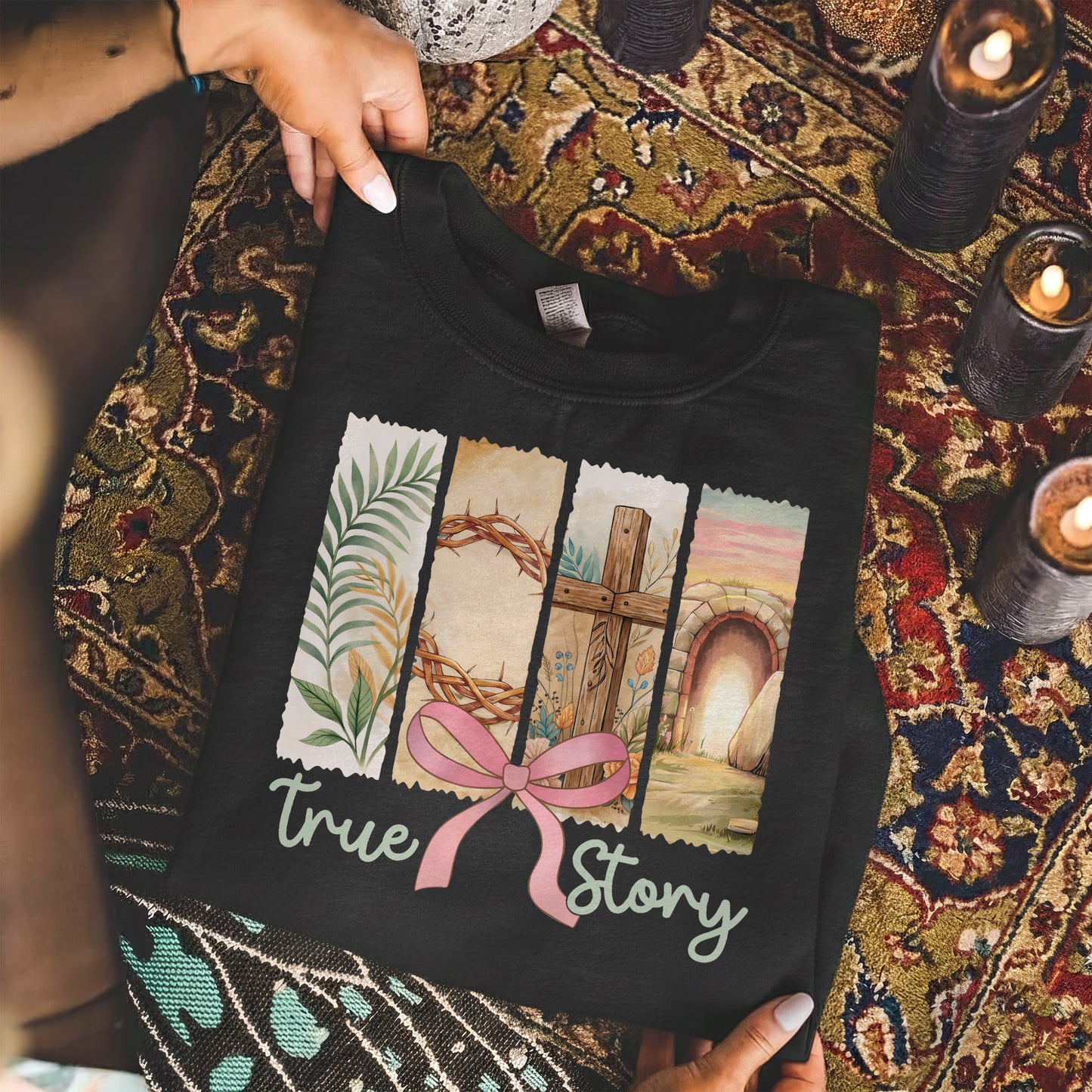 True Story Easter Panels Pink Bow – He is Risen – Unisex Tshirt / Hoodie / Sweatshirt