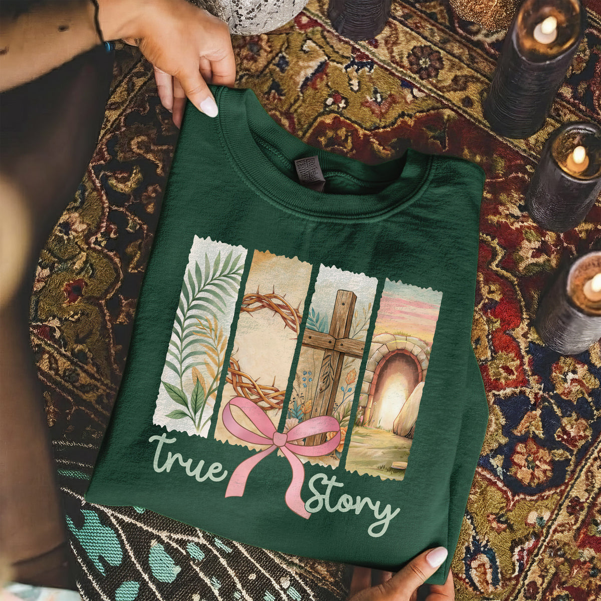True Story Easter Panels Pink Bow – He is Risen – Unisex Tshirt / Hoodie / Sweatshirt