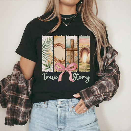 True Story Easter Panels Pink Bow – He is Risen – Unisex Tshirt / Hoodie / Sweatshirt