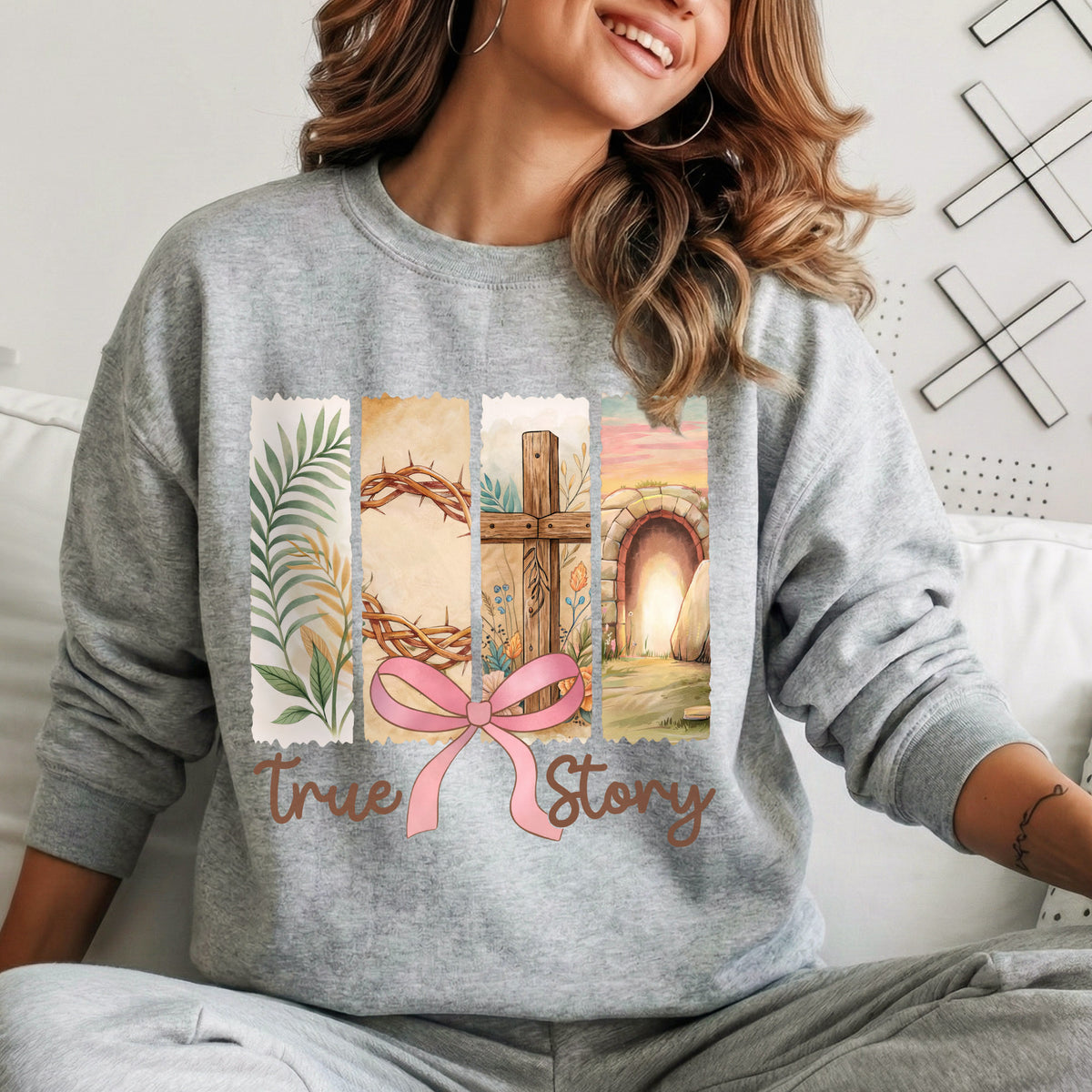 True Story Easter Panels Pink Bow – He is Risen – Unisex Tshirt / Hoodie / Sweatshirt