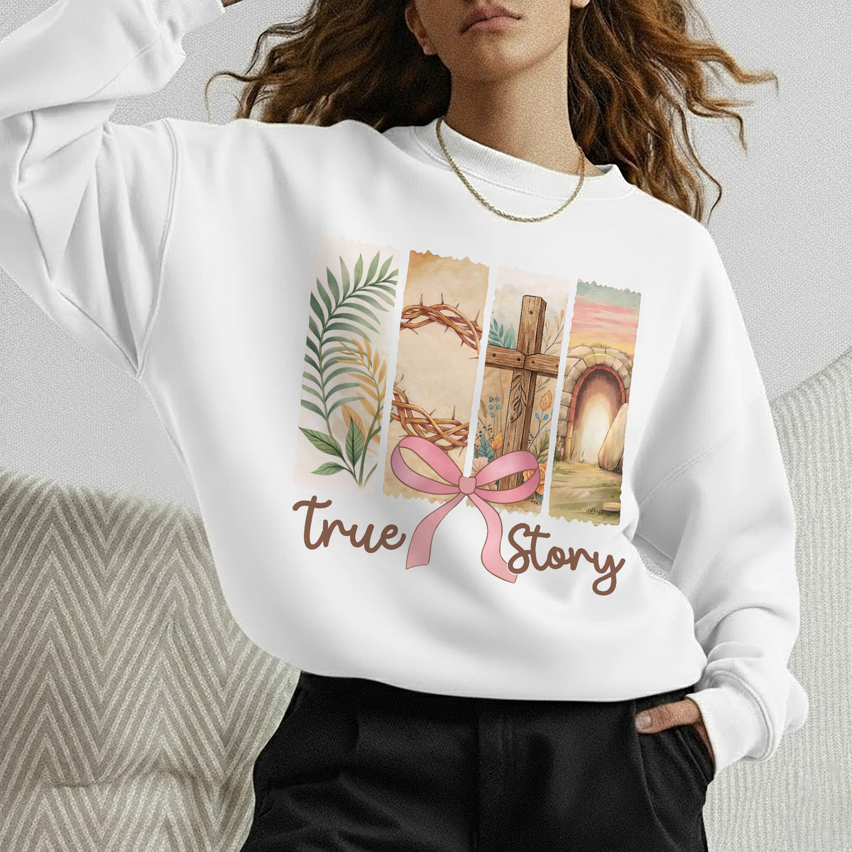 True Story Easter Panels Pink Bow – He is Risen – Unisex Tshirt / Hoodie / Sweatshirt