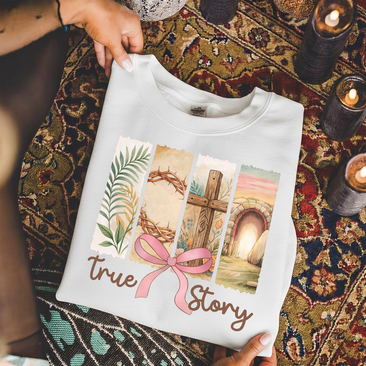 True Story Easter Panels Pink Bow – He is Risen – Unisex Tshirt / Hoodie / Sweatshirt