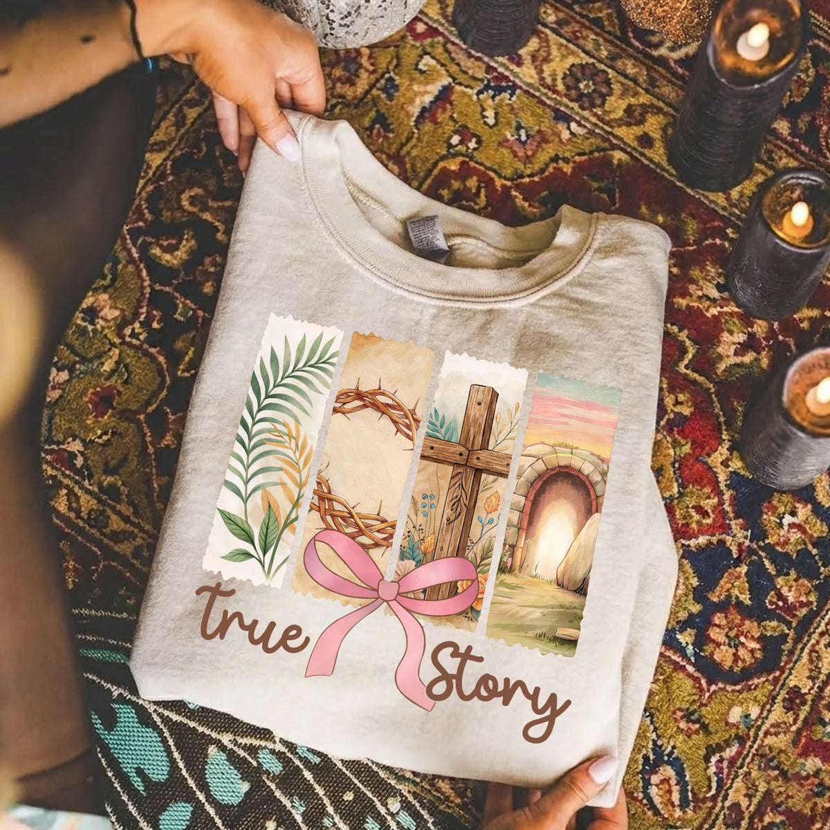 True Story Easter Panels Pink Bow – He is Risen – Unisex Tshirt / Hoodie / Sweatshirt