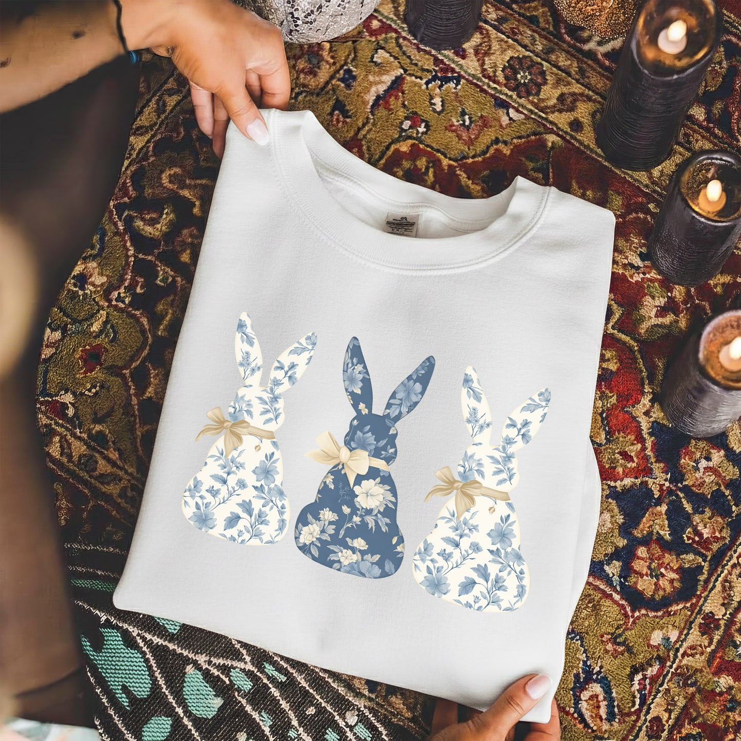 Blue Floral Easter Bunnies – He is Risen – Unisex Tshirt / Hoodie / Sweatshirt