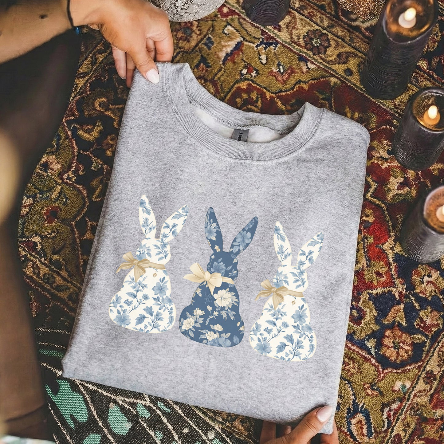 Blue Floral Easter Bunnies – He is Risen – Unisex Tshirt / Hoodie / Sweatshirt