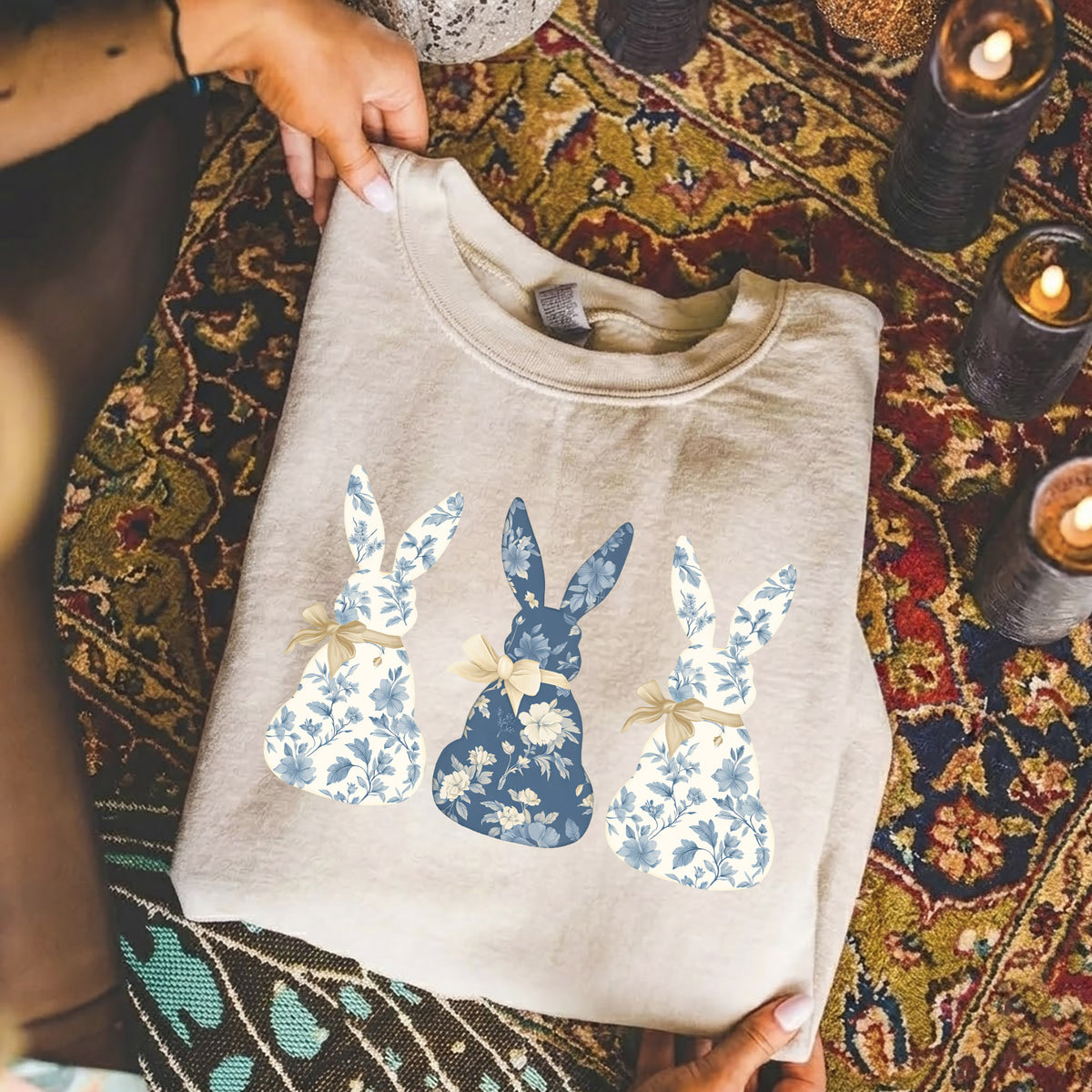 Blue Floral Easter Bunnies – He is Risen – Unisex Tshirt / Hoodie / Sweatshirt