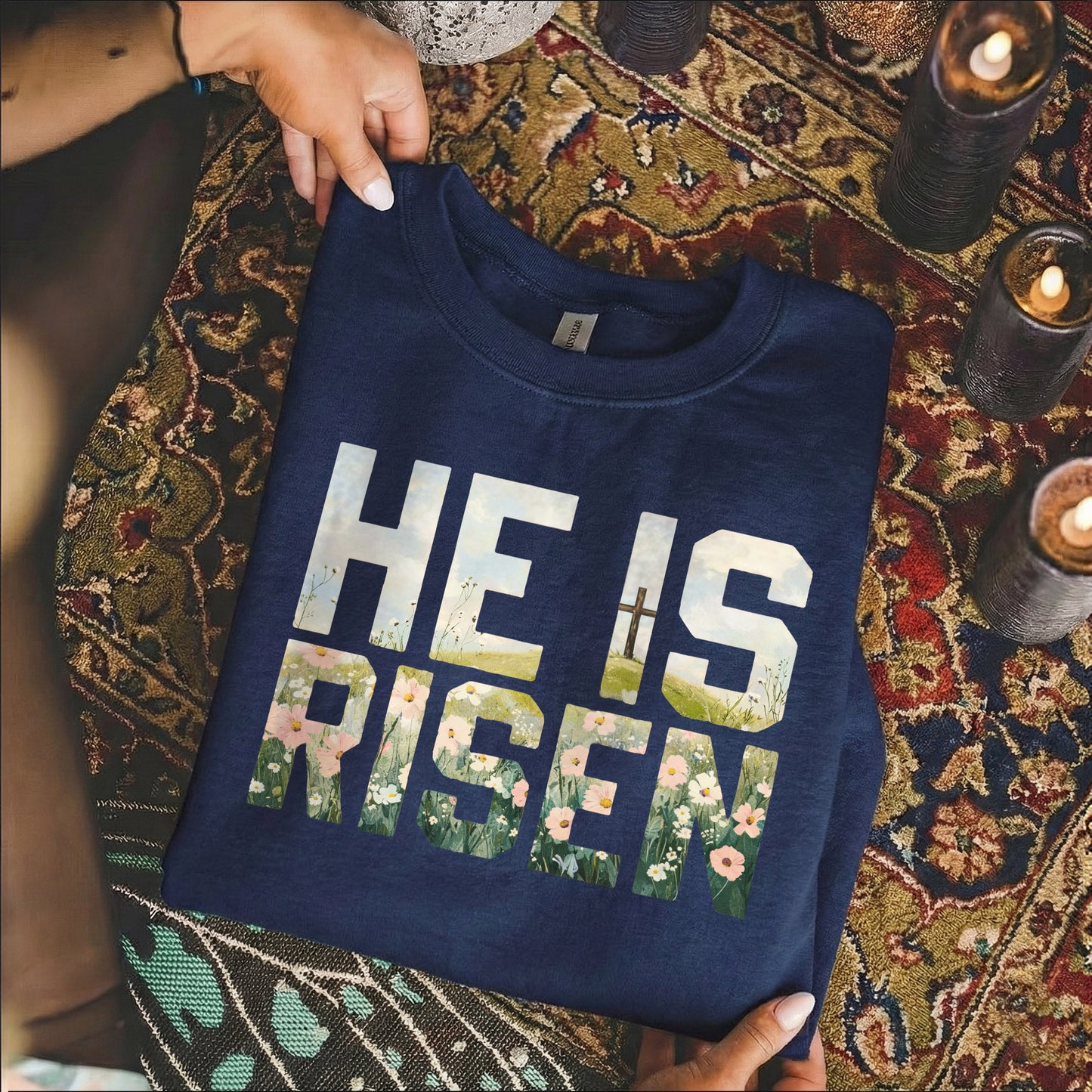 Landscape Floral Block Letters – He is Risen – Unisex Tshirt / Hoodie / Sweatshirt