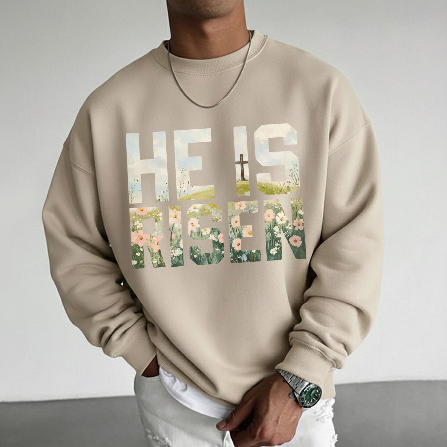 Landscape Floral Block Letters – He is Risen – Unisex Tshirt / Hoodie / Sweatshirt