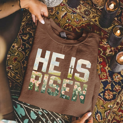 Landscape Floral Block Letters – He is Risen – Unisex Tshirt / Hoodie / Sweatshirt
