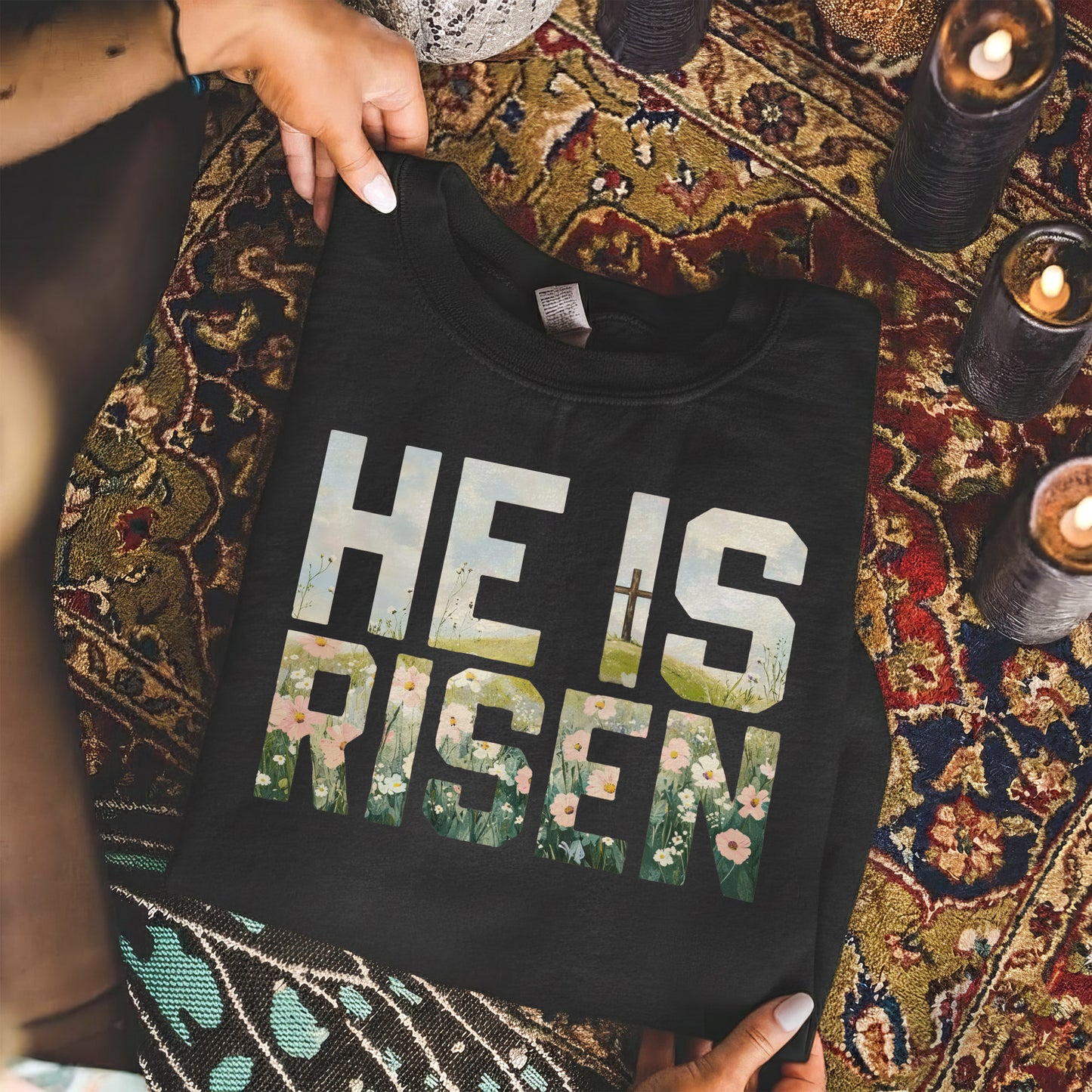 Landscape Floral Block Letters – He is Risen – Unisex Tshirt / Hoodie / Sweatshirt