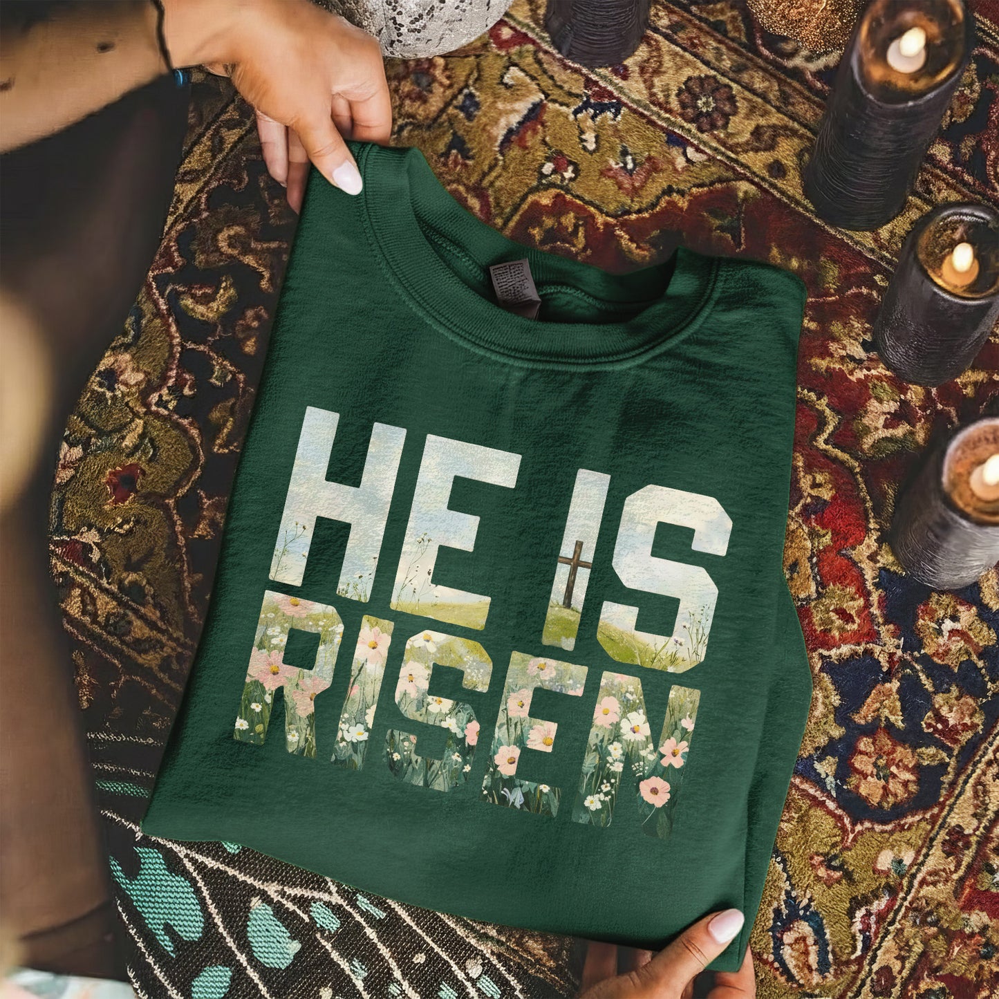 Landscape Floral Block Letters – He is Risen – Unisex Tshirt / Hoodie / Sweatshirt